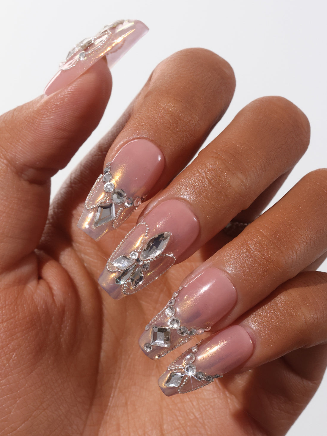 Medium Almond-Shaped Light Pink Luxury Swarovski Crystals Decor Design Nail Art Set Handmade Press On Nail