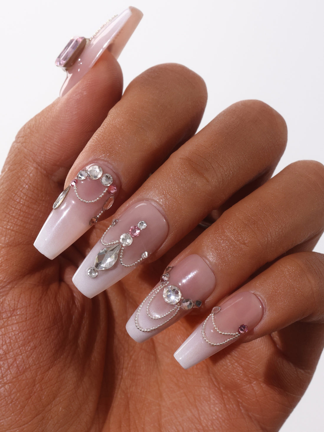 Medium Coffin-Shaped Nude Full Swarovski Crystals Decor Fake Nails Wedding Series Handmade Press On Nails