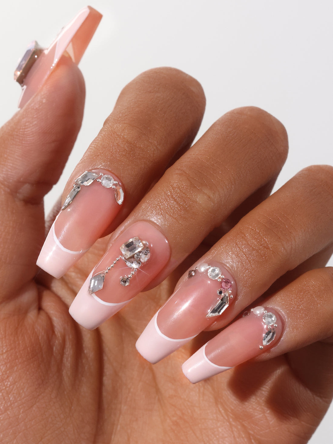 Handmade Press On Nail Medium Almond-Shaped Nude French Tips Luxury Swarovski Crystals Decor Design Nail Art