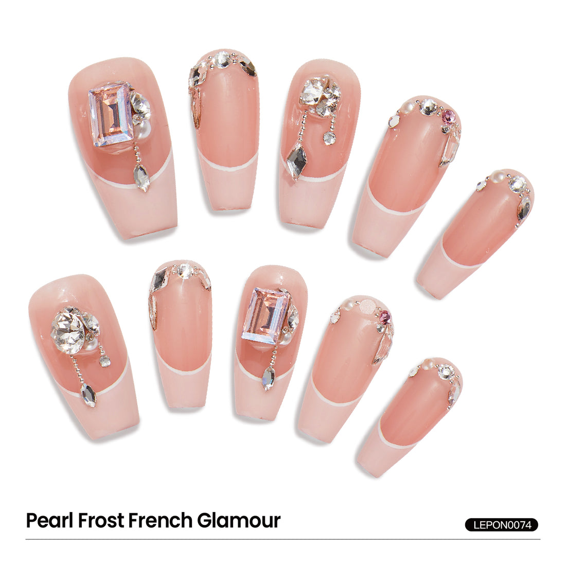 Handmade Press On Nail Medium Almond-Shaped Nude French Tips Luxury Swarovski Crystals Decor Design Nail Art