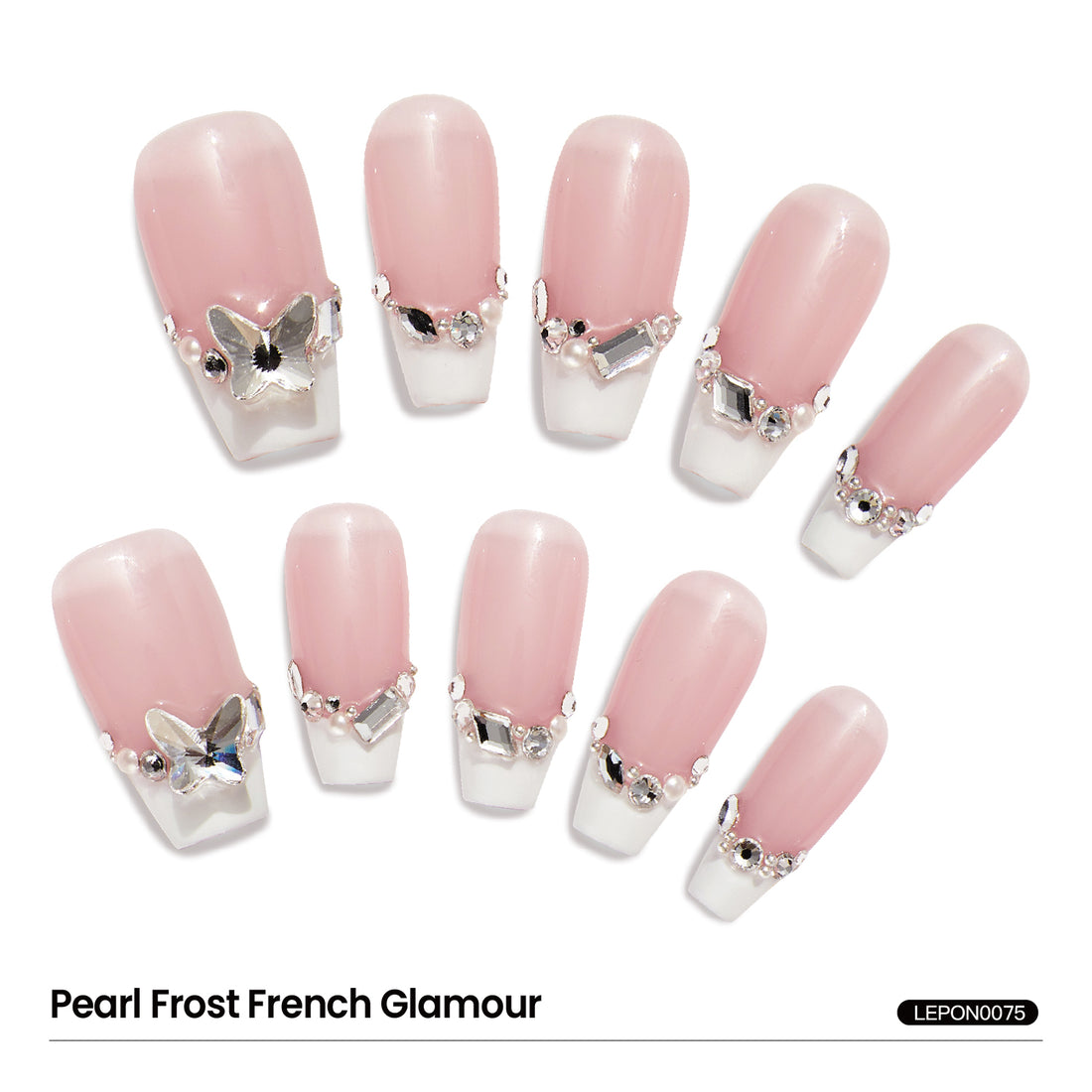 Medium Almond-Shaped French Tips Nail Art Light Pink Butterfly Swarovski Crystals Decor Handmade Press On Nail