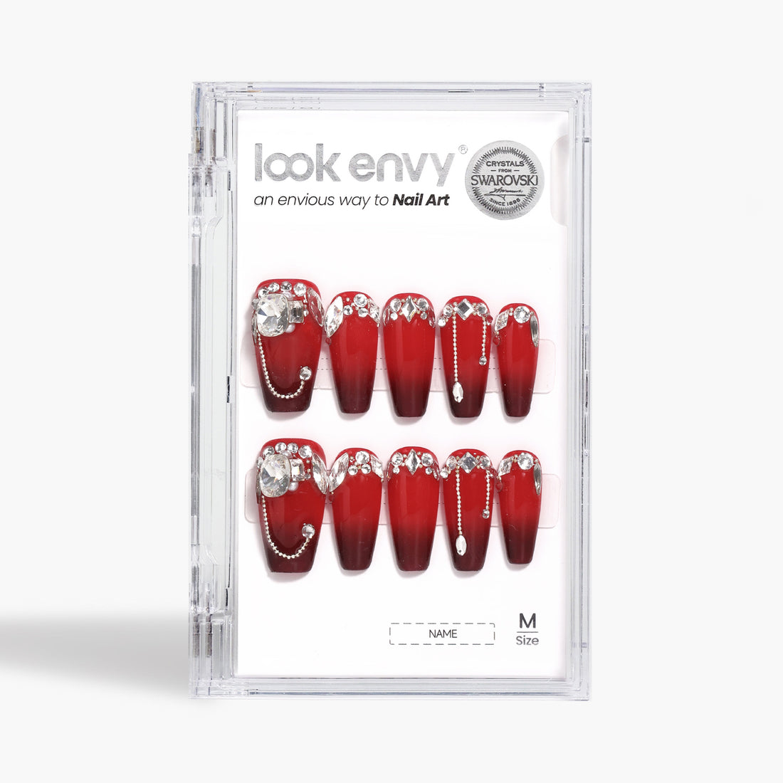 Coffin-Shaped Red Marble Full Swarovski Crystals Decor False Nails Handmade Press-On Nails With 3 Sizes