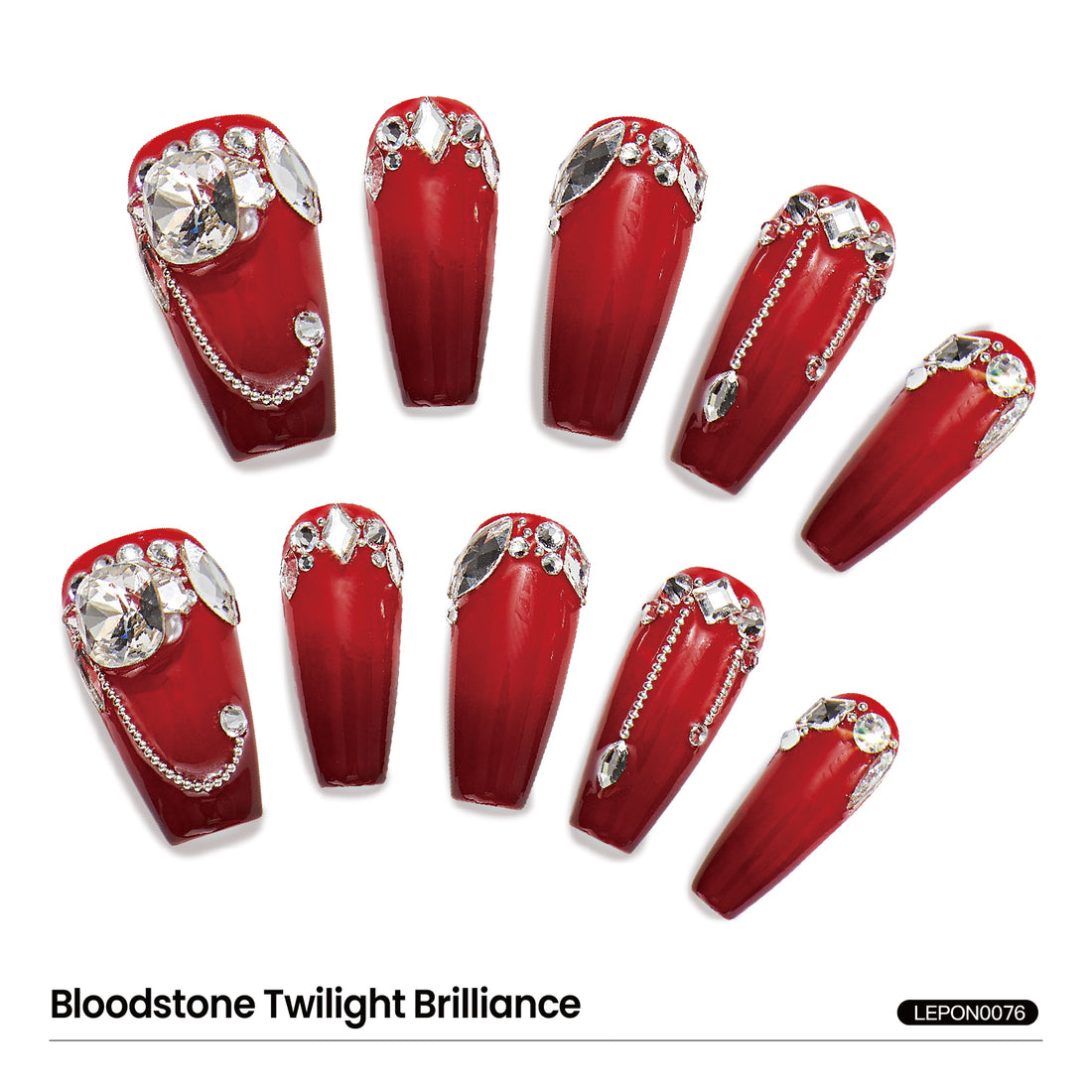 Coffin-Shaped Red Marble Full Swarovski Crystals Decor False Nails Handmade Press-On Nails With 3 Sizes