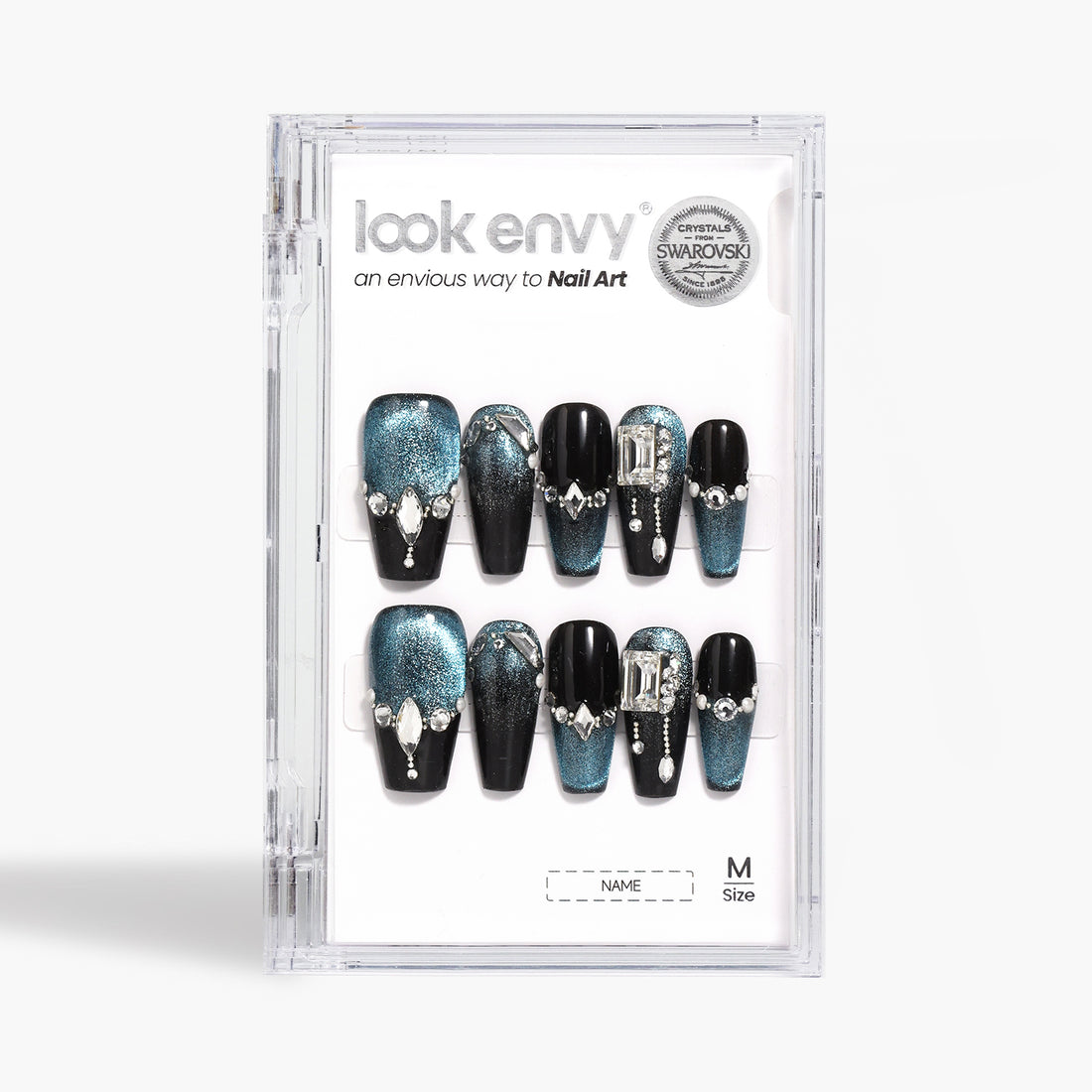 10pcs Luxury Handmade Press on Nails Medium Coffin-Shaped Black And Blue Change Cat Eye Swarovski Crystals Decorative