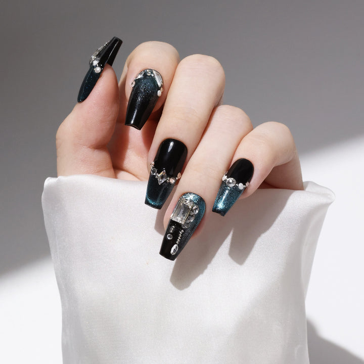 10pcs Luxury Handmade Press on Nails Medium Coffin-Shaped Black And Blue Change Cat Eye Swarovski Crystals Decorative