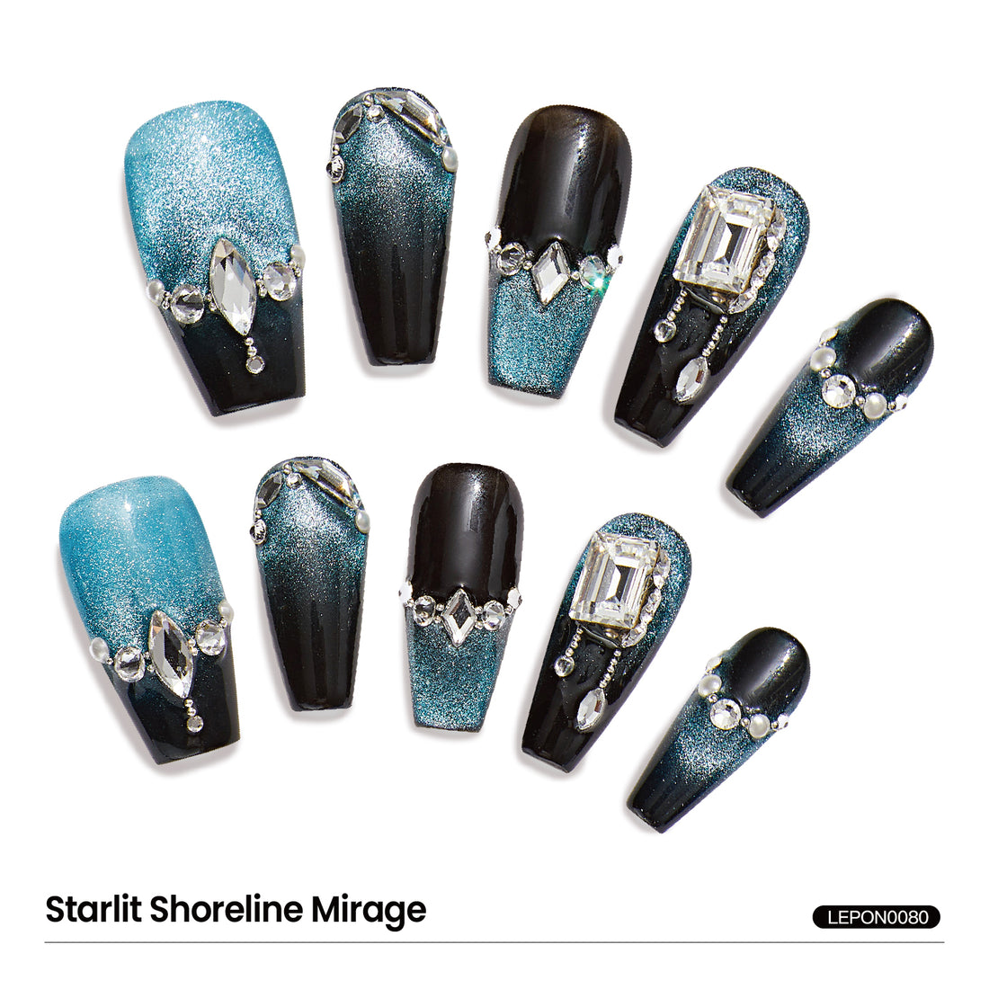 10pcs Luxury Handmade Press on Nails Medium Coffin-Shaped Black And Blue Change Cat Eye Swarovski Crystals Decorative