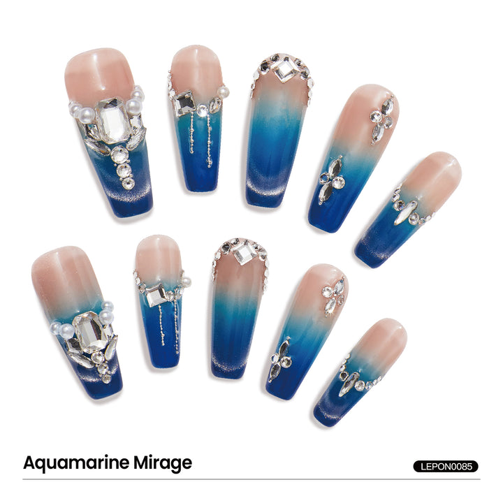 Luxury Slaon Nails Long Coffin-Shaped Glossy Blue Cat Eye Fine Flash Nail Design Swarovski Crystals Decor Handmade Press on Nails