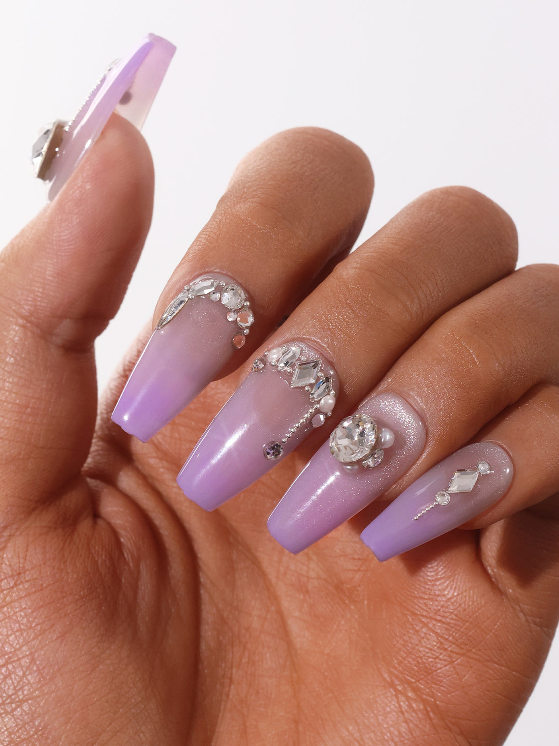 Medium Coffin-Shaped Purple Gradient Smudged False Nails Full Swarovski Crystals Decor Handmade Press-On Nails