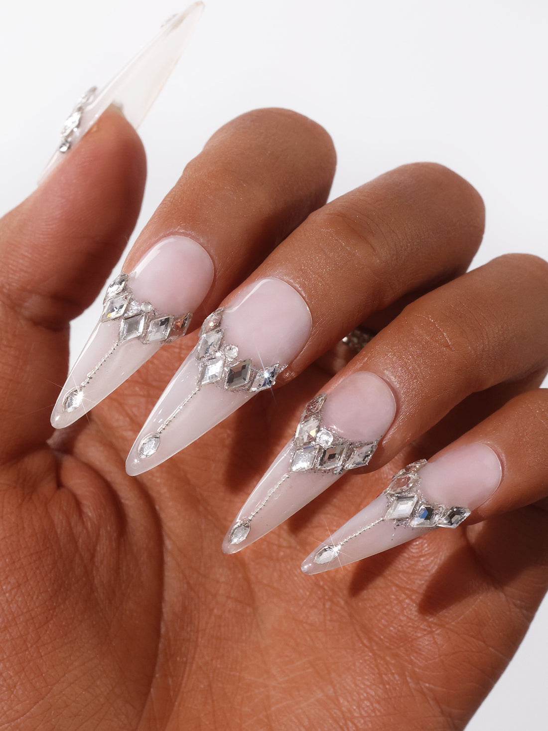 Long Stiletto-Shaped Fake Nail Milky White Nail Art With Luxury  Swarovski Crystals Decor Luxury Press On Nail Handmade