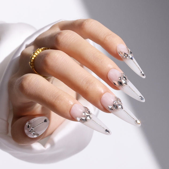 Long Stiletto-Shaped Fake Nail Milky White Nail Art With Luxury  Swarovski Crystals Decor Luxury Press On Nail Handmade