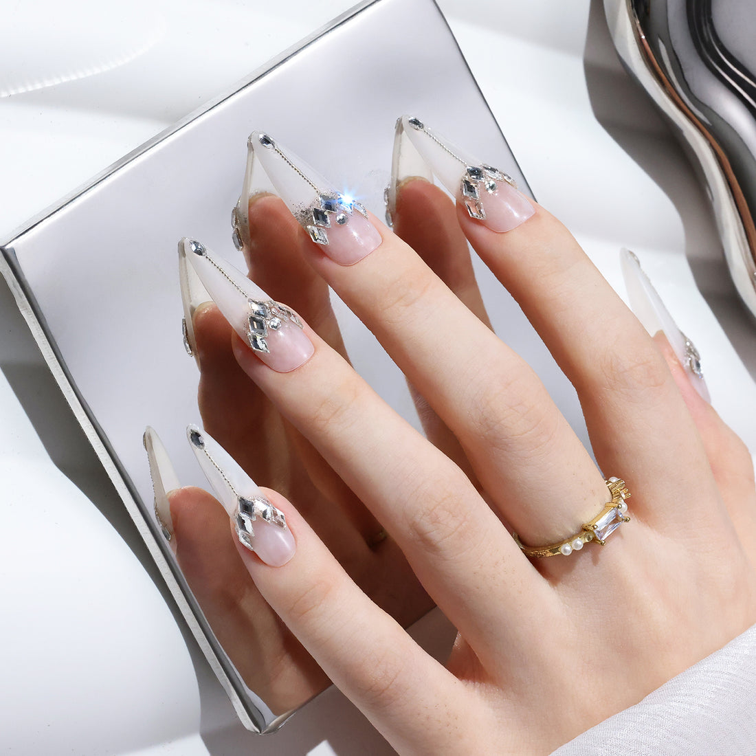 Long Stiletto-Shaped Fake Nail Milky White Nail Art With Luxury  Swarovski Crystals Decor Luxury Press On Nail Handmade