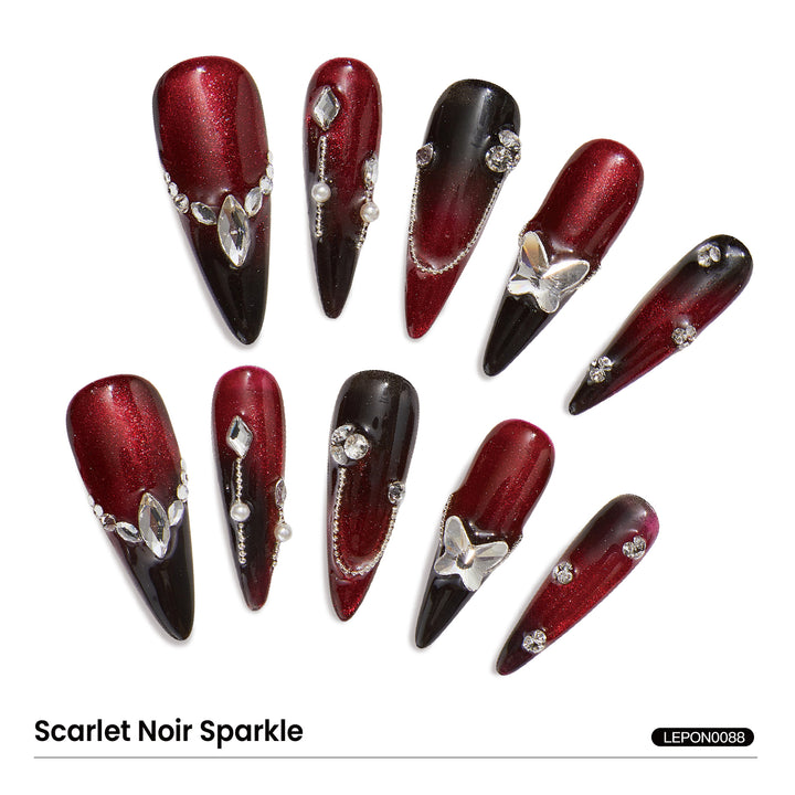 Luxury Long-Length Stiletto-Shaped Red And Black Change Cat Eye Swarovski Crystals Decorative Handmade Nail Art Set