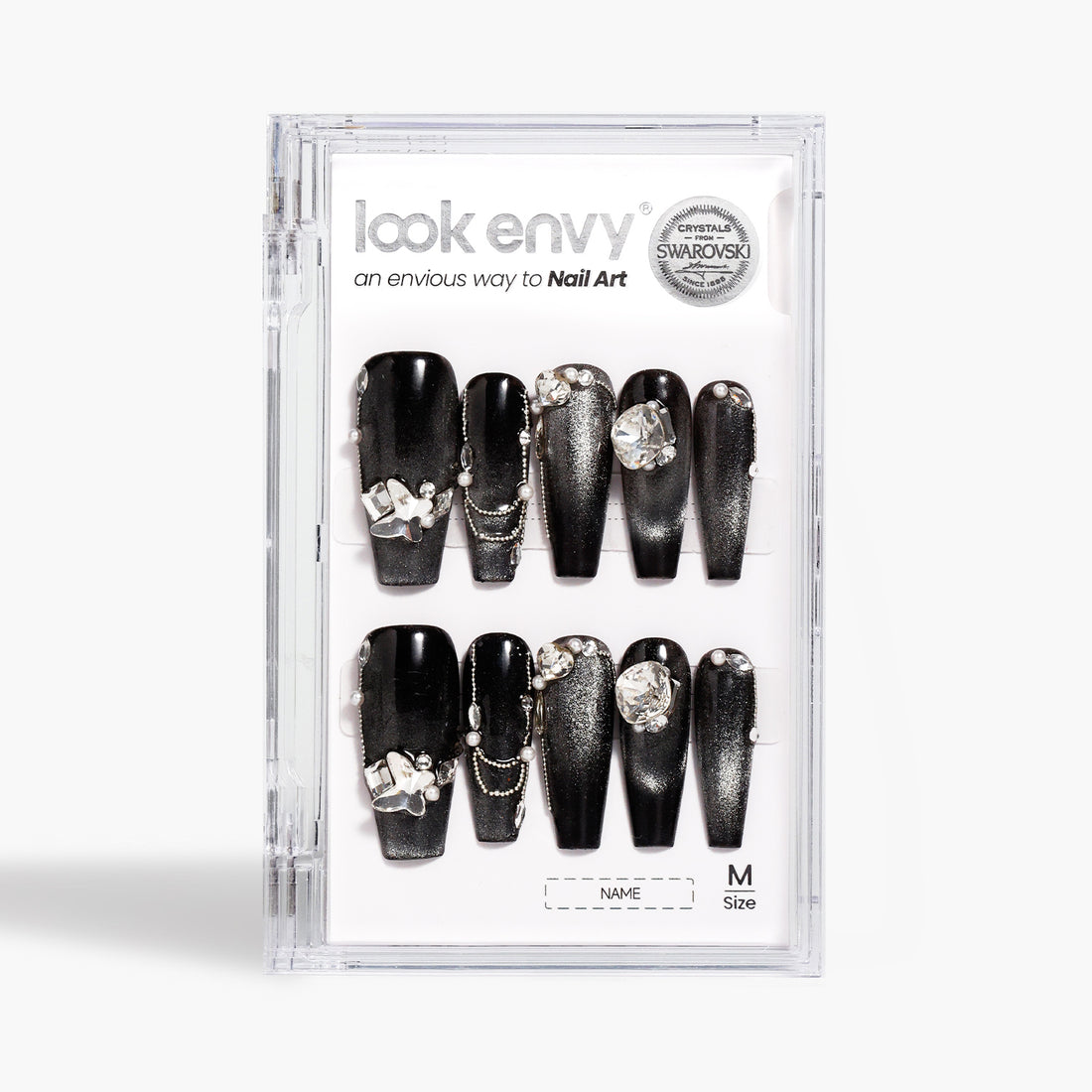 Extra-Long Coffin-Shaped Fake Nail Gradient Black Cat Eye Swarovski Crystals Decor Luxury Press On Nail Handmade Nail Art