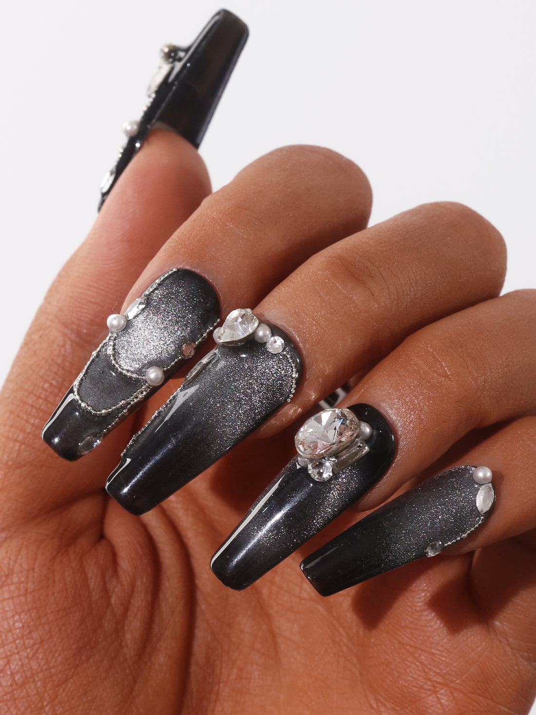 Extra-Long Coffin-Shaped Fake Nail Gradient Black Cat Eye Swarovski Crystals Decor Luxury Press On Nail Handmade Nail Art