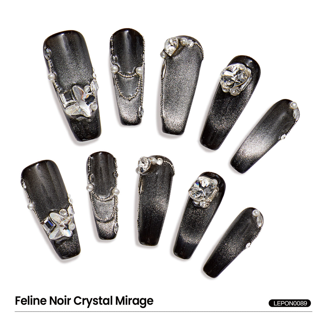 Extra-Long Coffin-Shaped Fake Nail Gradient Black Cat Eye Swarovski Crystals Decor Luxury Press On Nail Handmade Nail Art