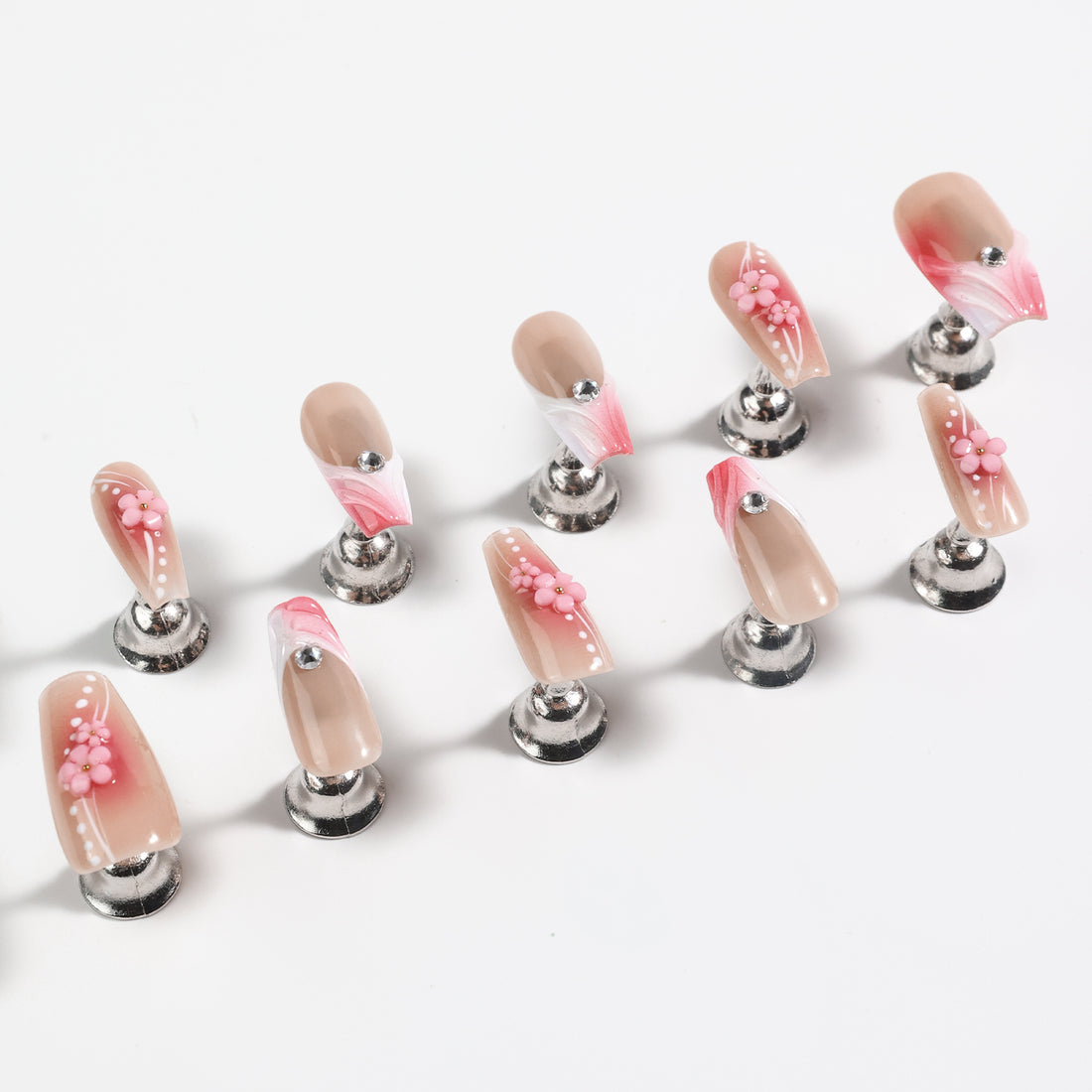 10pcs Medium Coffin-Shaped Featuring Gradient In Blush And Nude Color French 3D Flower Pearl Nail Art Set