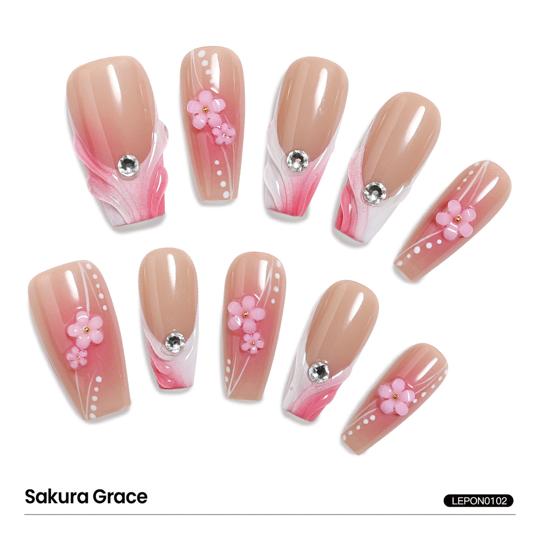 10pcs Medium Coffin-Shaped Featuring Gradient In Blush And Nude Color French 3D Flower Pearl Nail Art Set