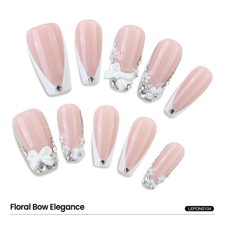 Coffin Press On Nails White French Tips 3D Bow Flower Pearl Nail Art Set Handmade