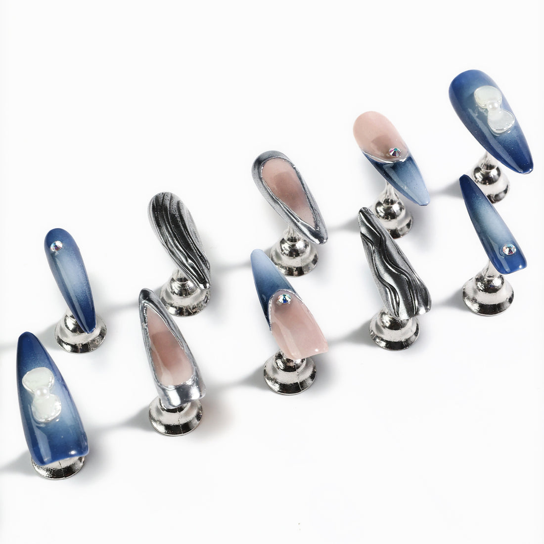 Long-Length Stiletto-Shaped Blue Gradual Change Irregular Sliver Liquid Metal French Tip Nail Art Set