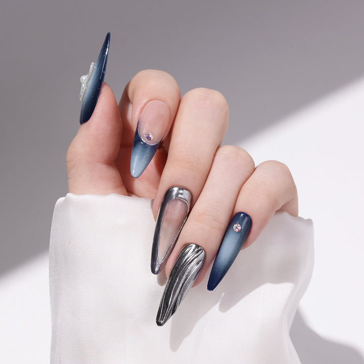 Long-Length Stiletto-Shaped Blue Gradual Change Irregular Sliver Liquid Metal French Tip Nail Art Set