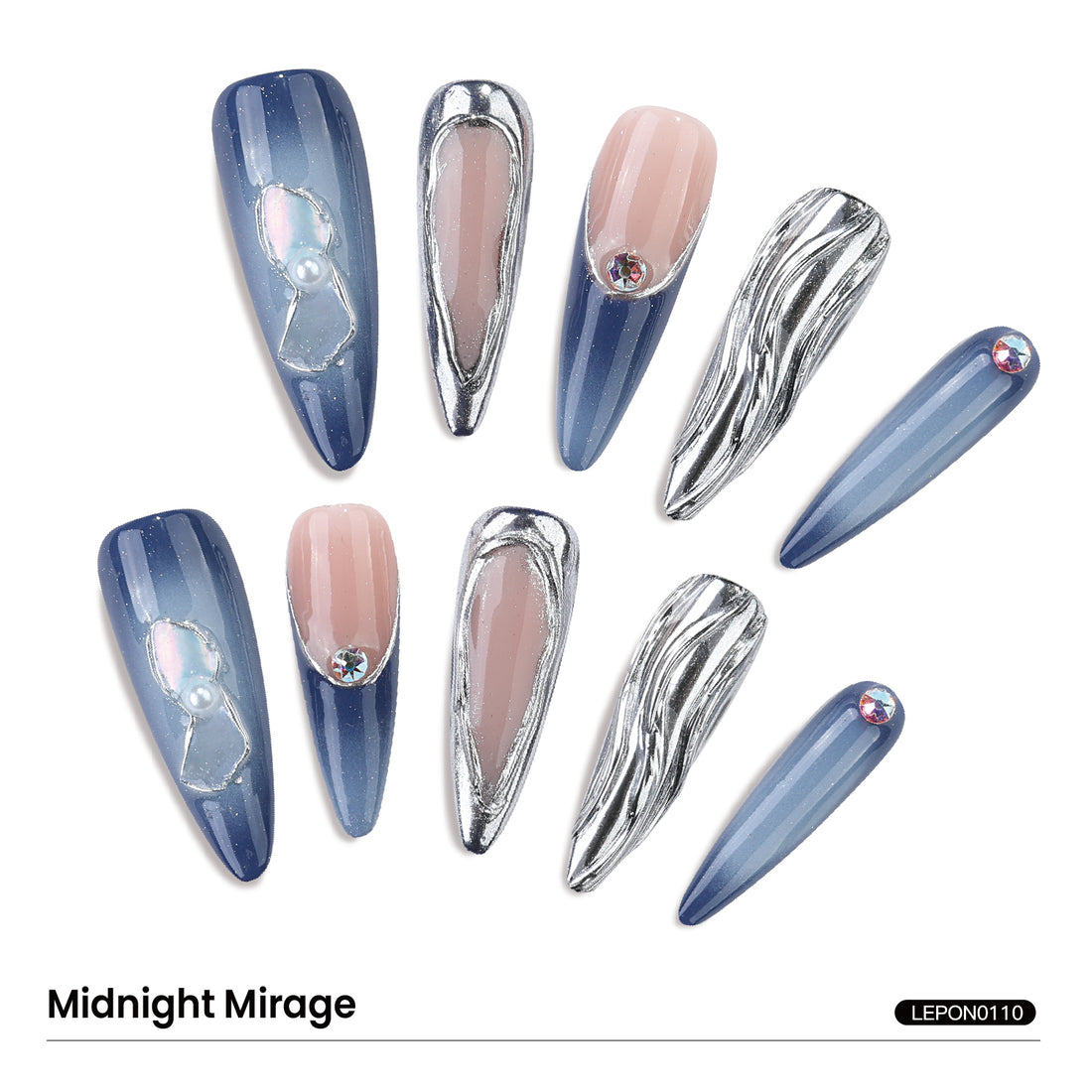 Long-Length Stiletto-Shaped Blue Gradual Change Irregular Sliver Liquid Metal French Tip Nail Art Set