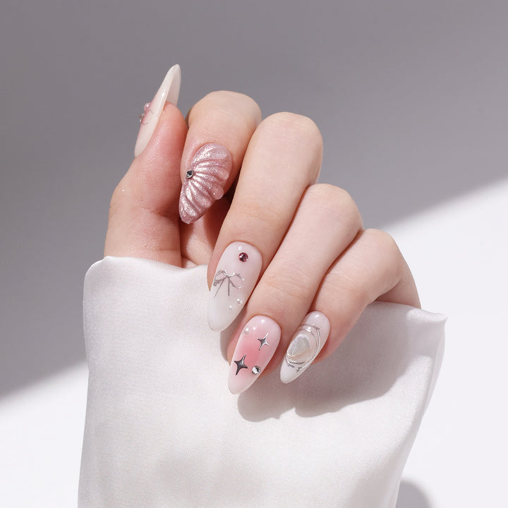 Y2K Sweet Pink Blush Almond-Shaped Pearl 3D Sculpted Waves Press on Nail Handmade False Nails