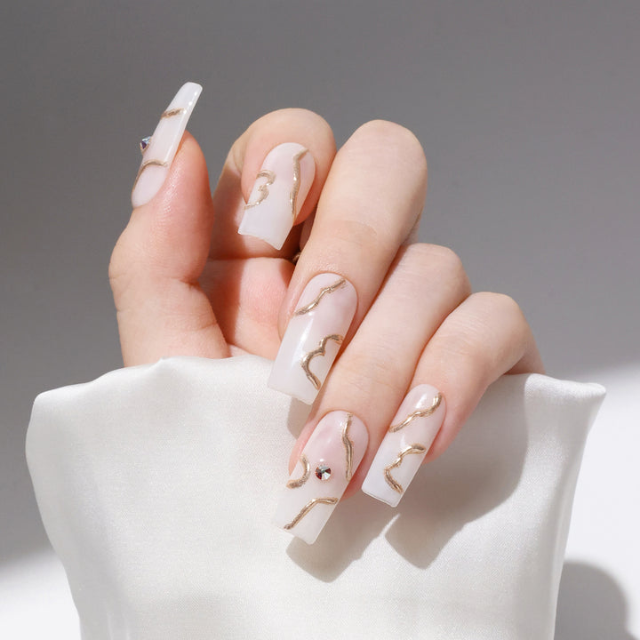 10pcs Handmade Coffin-Shaped False Nails In Pure White Design With Gold Line Trendy Style