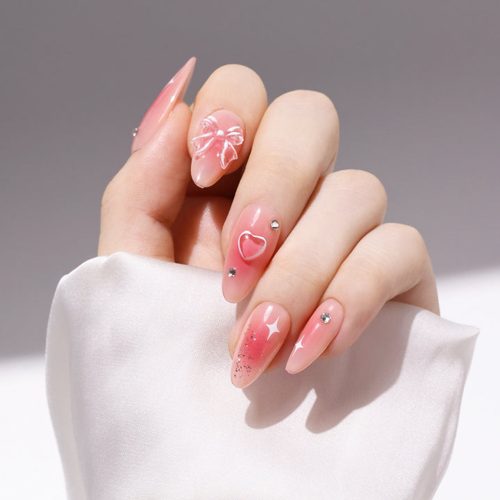 Handmade Almond-Shaped Nail Art Sweet Blush 3D Hand-Painted Heart Bow Design Press On Nails