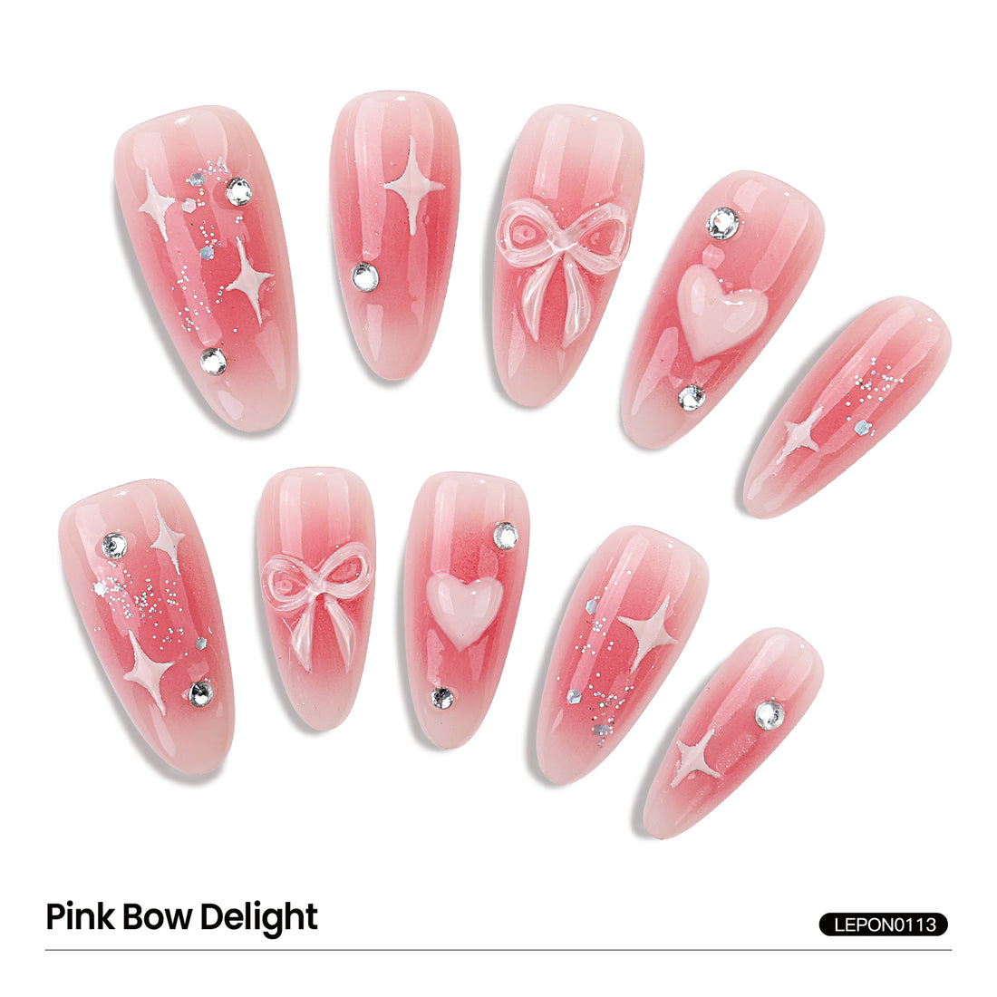 Handmade Almond-Shaped Nail Art Sweet Blush 3D Hand-Painted Heart Bow Design Press On Nails