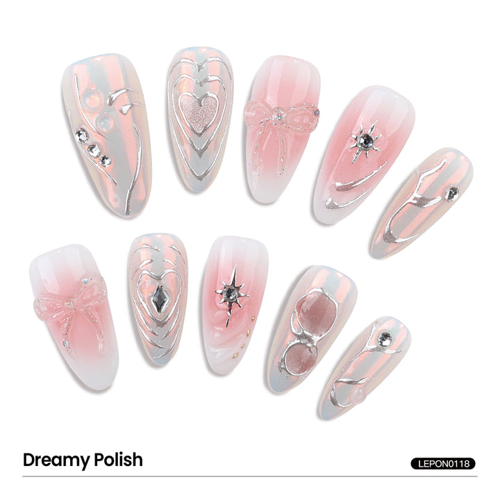 Handmade Almond-Shaped Nail Art Sweet Gradient Blush 3D Hand-Painted Bow Design Press On Nails