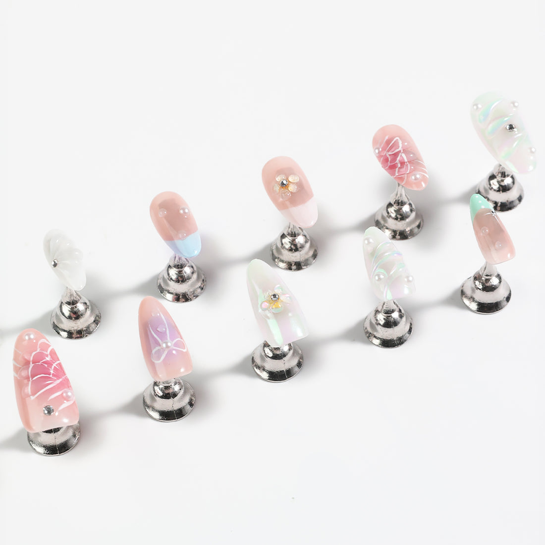 Medium Almond Shape Colorful Nail Art With Manually Painted 3D Flower Patterns, Crystals,Pearls Decor Press On Nails