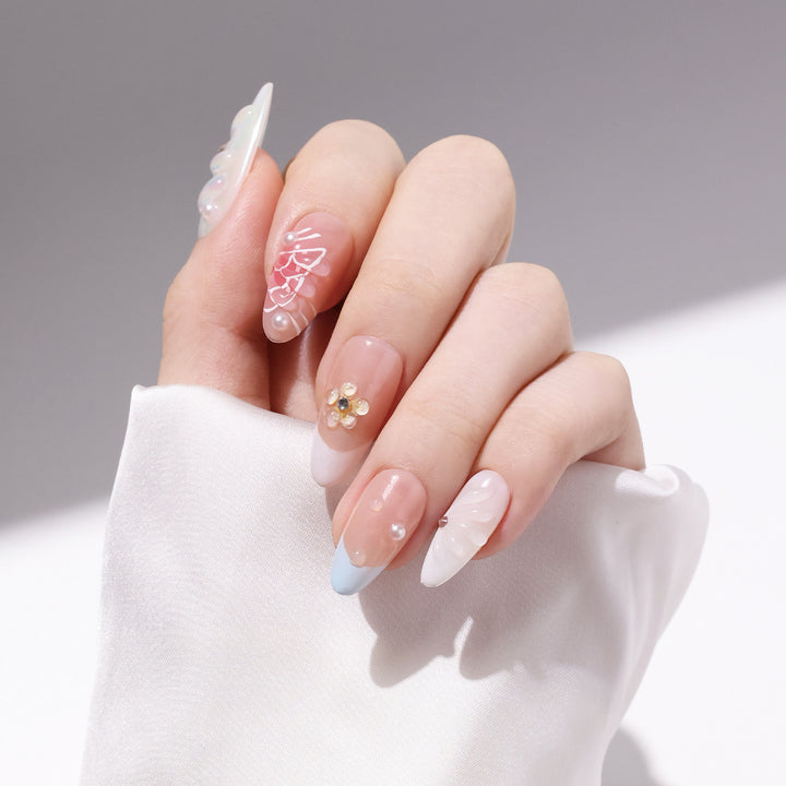 Medium Almond Shape Colorful Nail Art With Manually Painted 3D Flower Patterns, Crystals,Pearls Decor Press On Nails