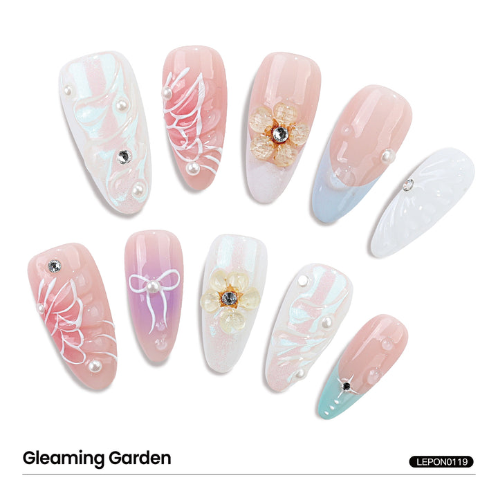 Medium Almond Shape Colorful Nail Art With Manually Painted 3D Flower Patterns, Crystals,Pearls Decor Press On Nails