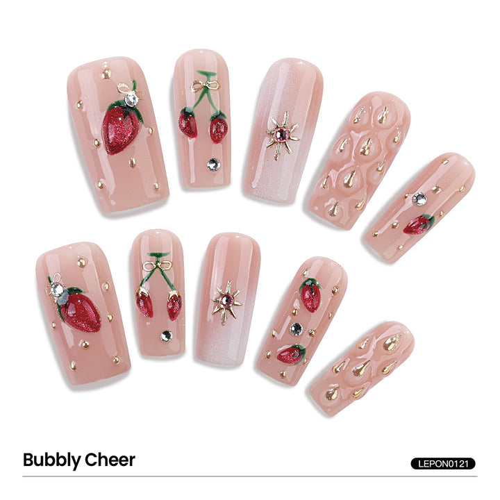 Medium Square-Shaped Sweet 3d Strawberry Gold Polka Dot Press On Nails Handmade Nail Supplies