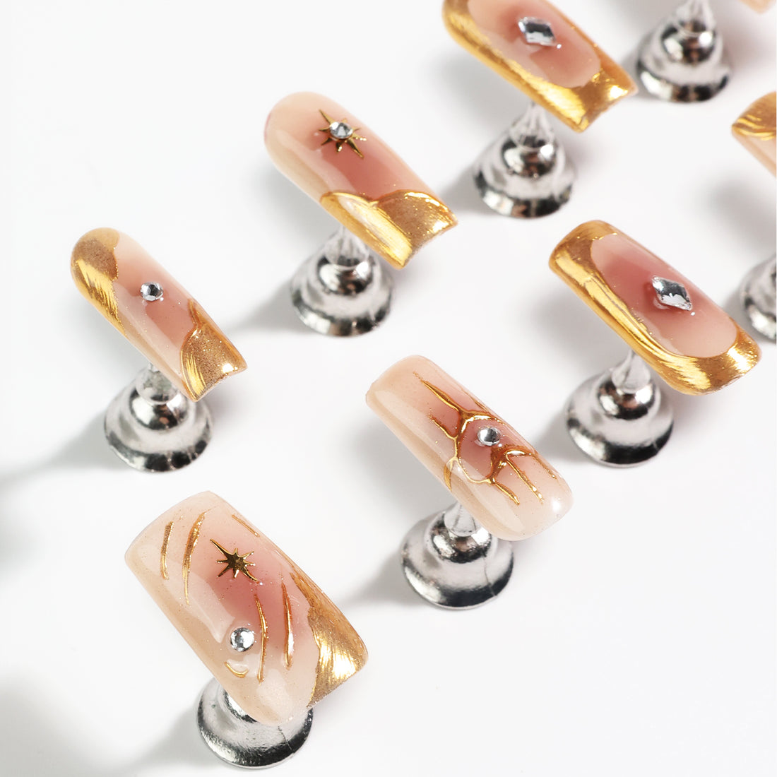 Handmade Press on nails Square-Shaped Blush Gradient With Gold Line Music Notes Nail Art Set