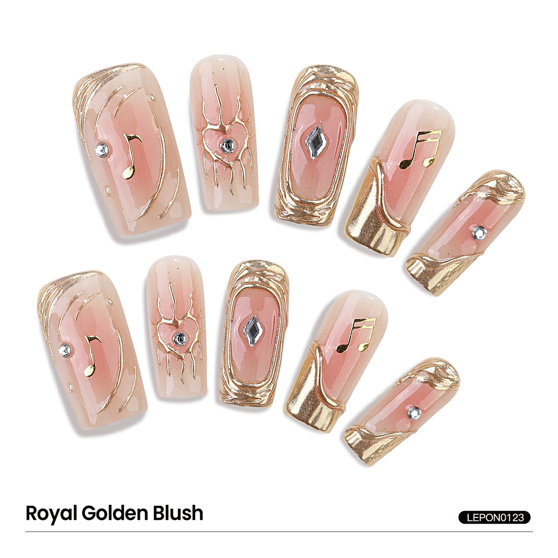 Handmade Press on nails Square-Shaped Blush Gradient With Gold Line Music Notes Nail Art Set