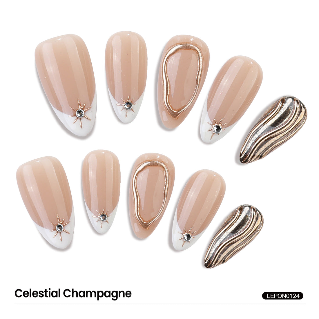 10Pcs Medium-Length Almond-Shaped 3D Gold Edge French Press on Nails For Daily Wear